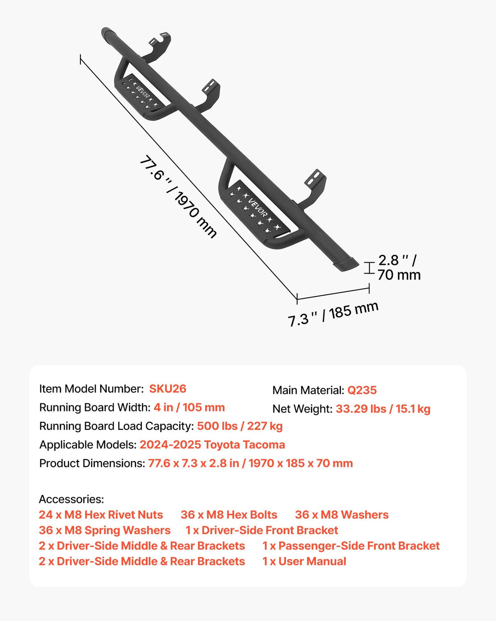 VEVOR Running Boards, 4 Inches Side Steps Compatible with 2024-2025 Toyota Tacoma Double Cab, Black Carbon Steel Nerf Bars, 550 lbs Load Capacity, Wide Non-Slip Hollow Surface with Rustproof Coating