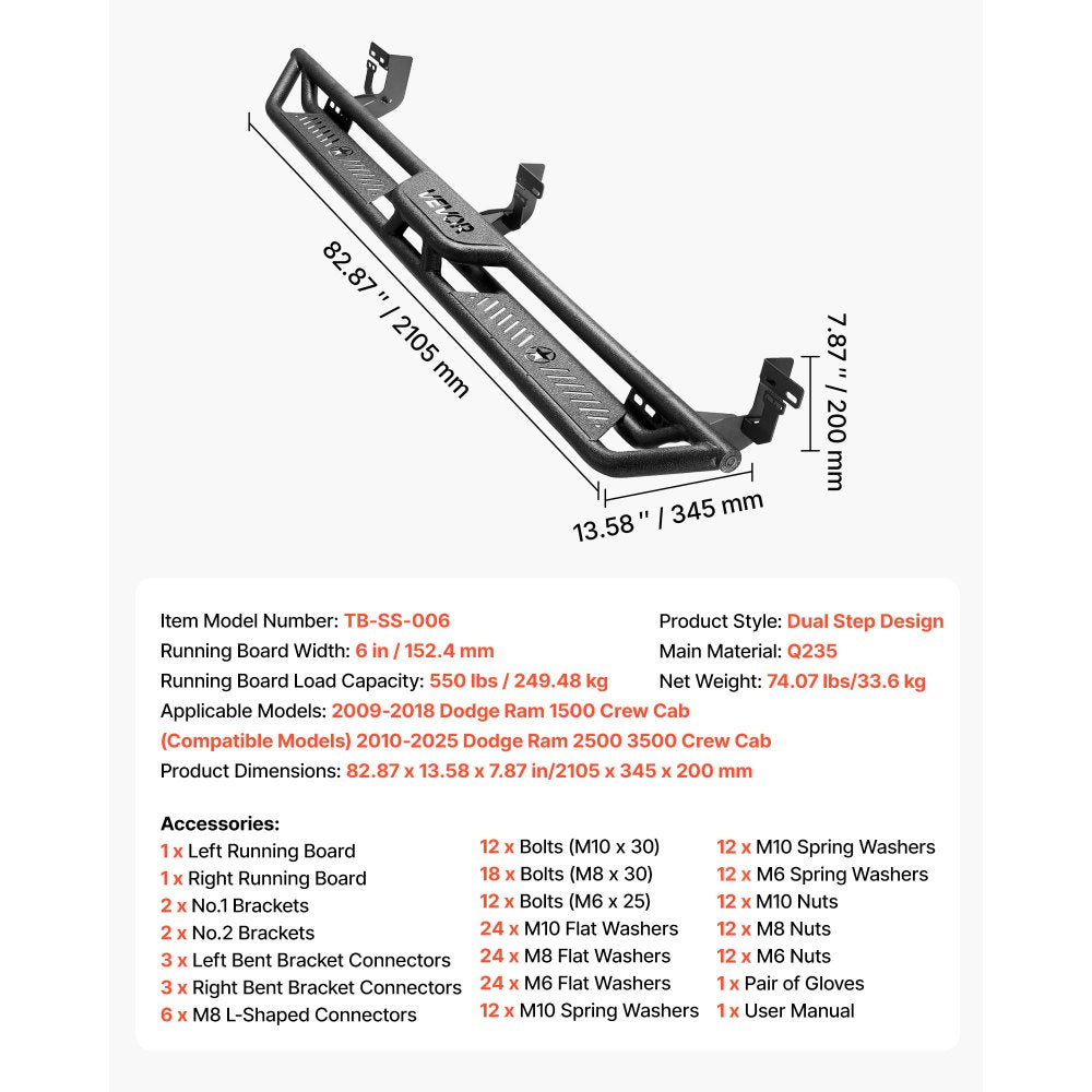 VEVOR Running Boards, 6 Inches Side Steps Compatible with 2009-2018 Dodge Ram 1500 Crew Cab, 2010-2025 Dodge Ram 2500 3500 Crew Cab(Not Fit 2019-2025 Ram 1500 New Body), Wide Non-Slip Black Carbon Steel Nerf Bars, 550 lbs Load Capacity