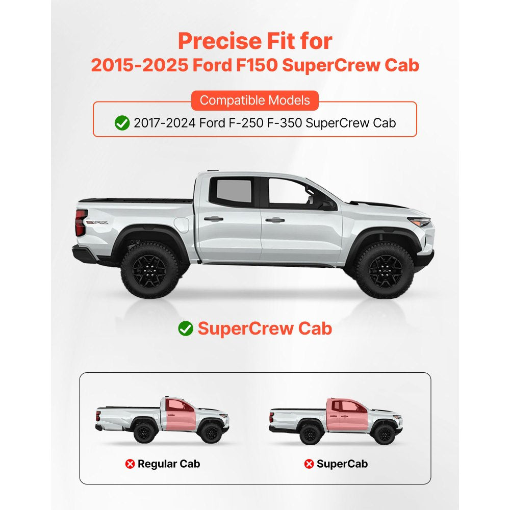 VEVOR Running Boards, 6 Inches Side Steps Compatible with 2015-2025 Ford F150 SuperCrew Cab, 2017-2024 Ford F-250 F-350 SuperCrew Cab, Black Textured Aluminum Alloy Nerf Bars, 500 lbs Load Capacity