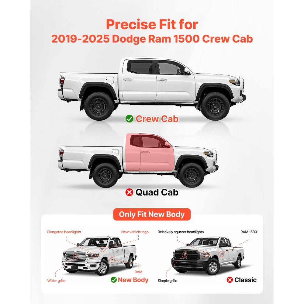 VEVOR Running Boards, 6 Inches Side Steps Compatible with 2019-2025 Dodge Ram 1500 Crew Cab(Not Fit 2019-2025 1500 Classic), Black Aluminum Alloy Nerf Bars, 500 lbs Load Capacity, Non-Slip Textured Surface with Rustproof Coating