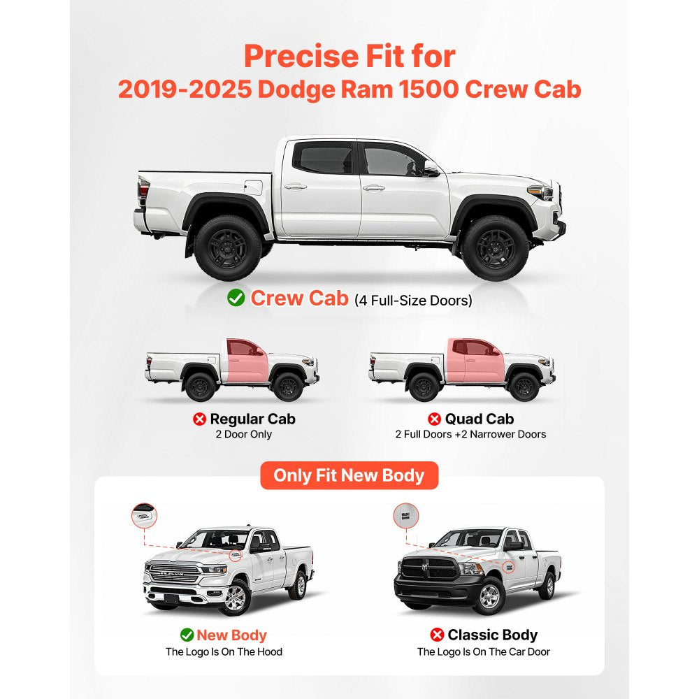 VEVOR Running Boards, 6 Inches Side Steps Compatible with 2019-2025 Dodge Ram 1500 Crew Cab(Not Fit 2019-2025 1500 Classic), Black Carbon Steel Nerf Bars, 550 lbs Load Capacity, Wide Non-Slip Hollow Surface with Rustproof Coating