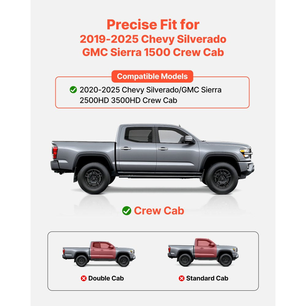 VEVOR Running Boards, 6 Inches Side Steps Compatible with 2019-2025 Chevy Silverado/GMC Sierra 1500 Crew Cab, 2020-2025 Chevy Silverado/GMC Sierra 2500HD 3500HD Crew Cab, Black Carbon Steel Nerf Bars
