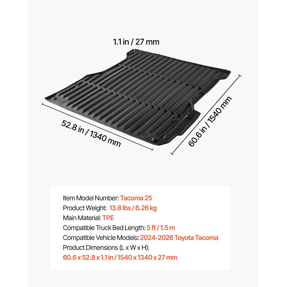 VEVOR Truck Bed Mat, TPE, Compatible with 2024-2026 Toyota Tacoma Bed, Heavy Duty Custom Fit, All Weather Protection Pickup Car Cargo Trunk Liner Replacement, for 2024-2026 Toyota Tacoma Accessories