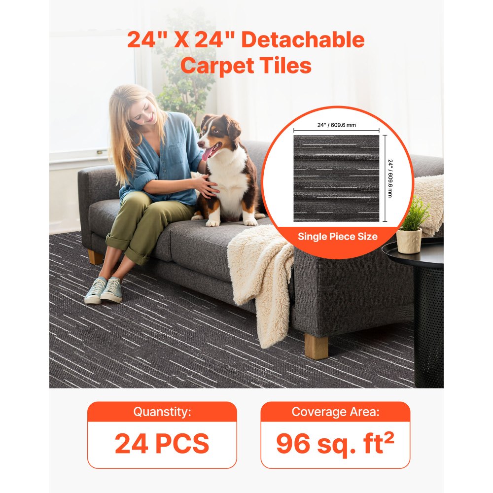 VEVOR Carpet Tiles Reusable 24x24 inch, 24 PCS Modular Carpet Square Rug, Commercial Floor Soft Padded for Seamless Cover 96sq.ft, Easy DIY Replacement for Living Room Bedroom Office Indoor,Gray