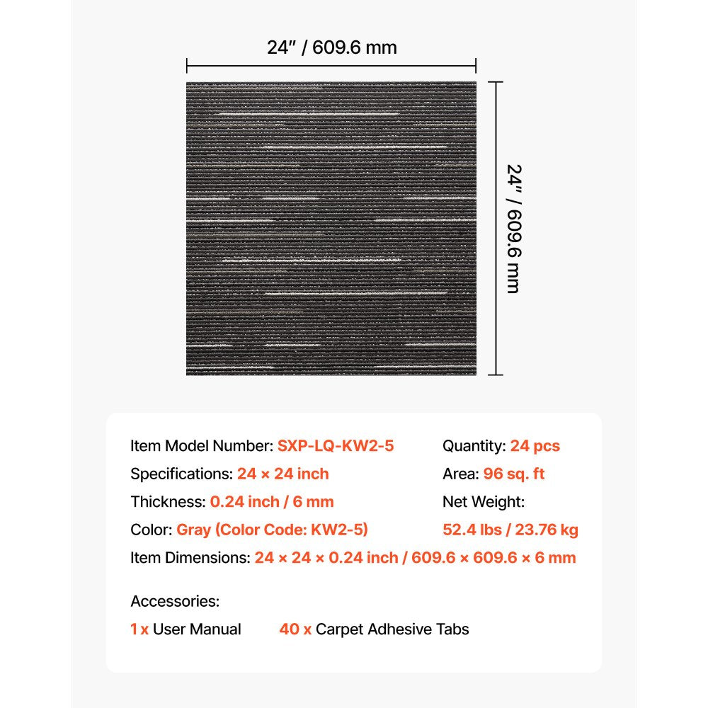 VEVOR Carpet Tiles Reusable 24x24 inch, 24 PCS Modular Carpet Square Rug, Commercial Floor Soft Padded for Seamless Cover 96sq.ft, Easy DIY Replacement for Living Room Bedroom Office Indoor,Gray