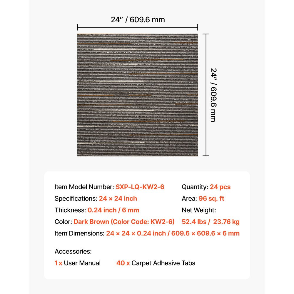 VEVOR Carpet Tiles Reusable 24x24 inch, 24 PCS Modular Carpet Square Rug, Commercial Floor Soft Padded for Seamless Cover 96sq.ft, Easy DIY for Living Room Bedroom Office Indoor,Dark Brown