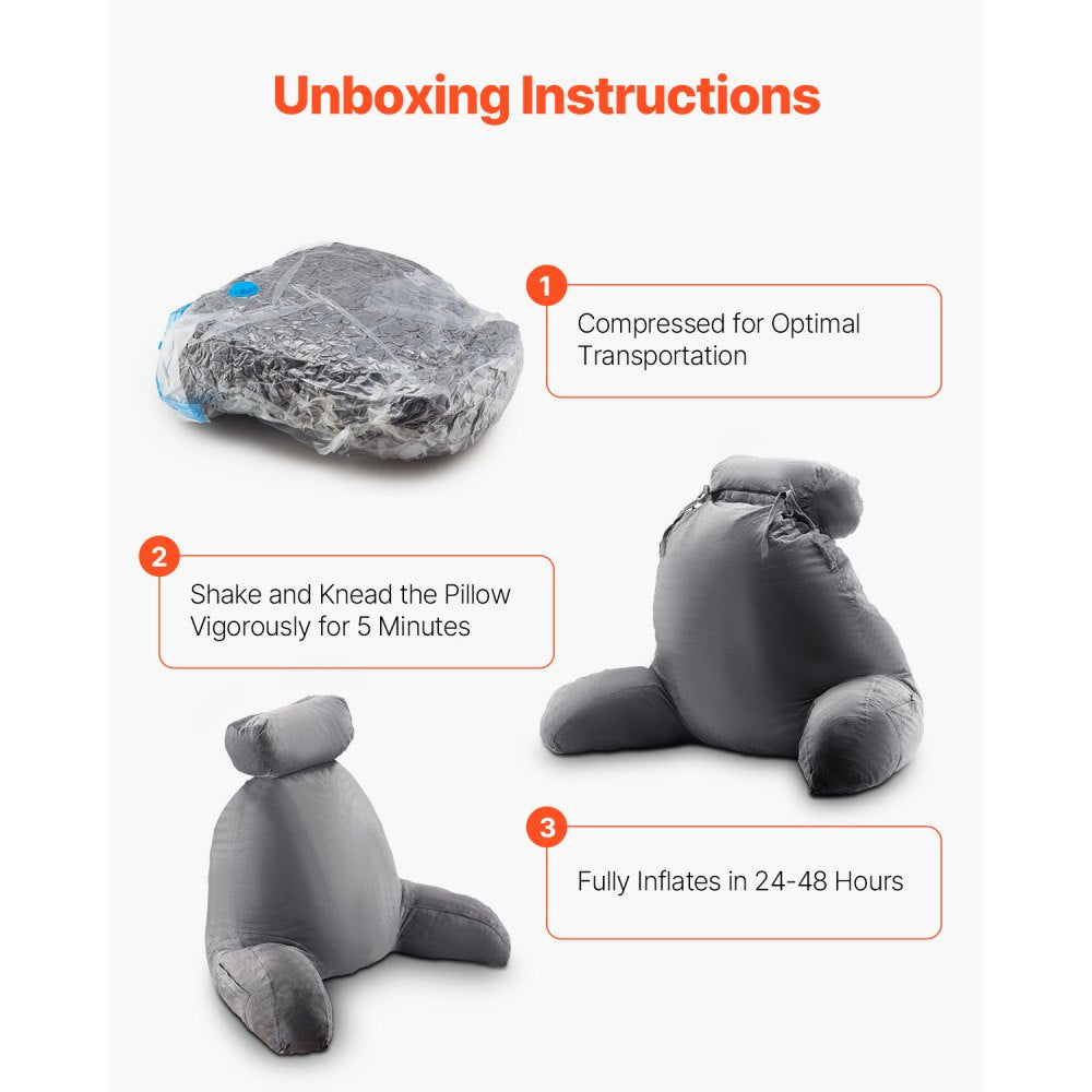VEVOR Reading Pillow, Large Bed Pillow with Removable Headrest, Back Pillow with 3 Pockets, Shredded Memory Foam and Washable Short Velvet Cloth, Side with Handles for Reading, Gaming, Resting, Grey