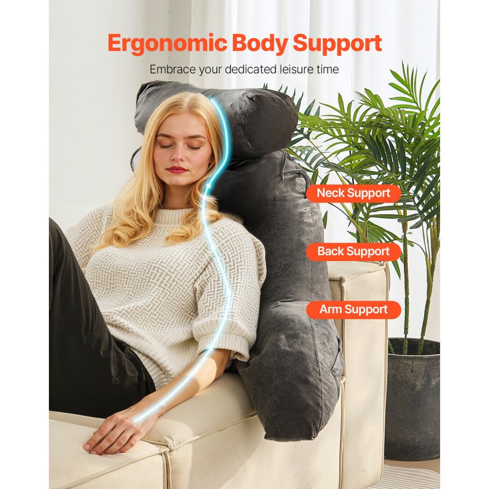 VEVOR Reading Pillow, Large Bed Pillow with Removable Headrest, Back Pillow with 3 Pockets, Shredded Memory Foam and Washable Short Velvet Cloth, Side with Handles for Reading, Gaming, Resting, Grey