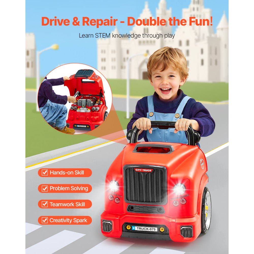 VEVOR Engine Toy, 60 Pieces, Kids Mechanic Car Repair Set with Removable Parts, Lights and Sounds, Steering Wheel and Horn, Kids Mechanic Workshop Set for Toddler Ages 3 Years and Up, Red