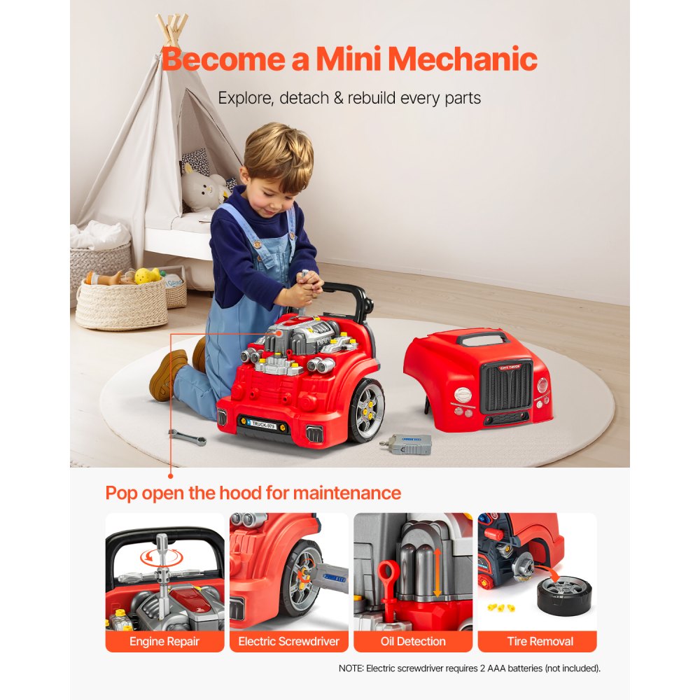VEVOR Engine Toy, 60 Pieces, Kids Mechanic Car Repair Set with Removable Parts, Lights and Sounds, Steering Wheel and Horn, Kids Mechanic Workshop Set for Toddler Ages 3 Years and Up, Red