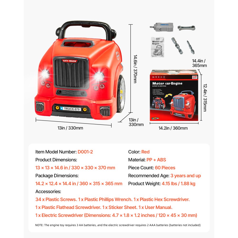 VEVOR Engine Toy, 60 Pieces, Kids Mechanic Car Repair Set with Removable Parts, Lights and Sounds, Steering Wheel and Horn, Kids Mechanic Workshop Set for Toddler Ages 3 Years and Up, Red