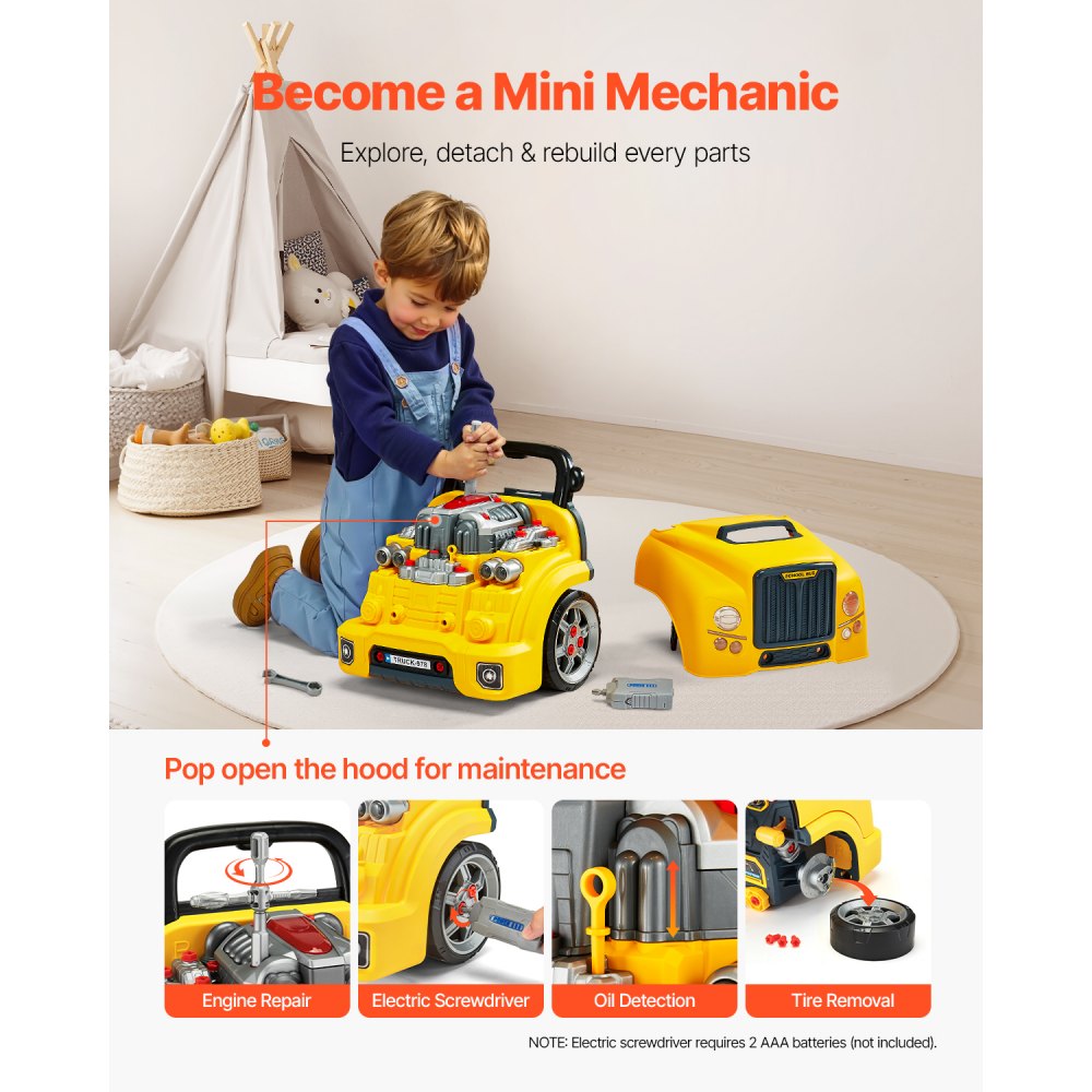 VEVOR Engine Toy, 60 Pieces, Kids Mechanic Car Repair Set with Removable Parts, Lights and Sounds, Steering Wheel and Horn, Kids Mechanic Workshop Set for Toddler Ages 3 Years and Up, Yellow