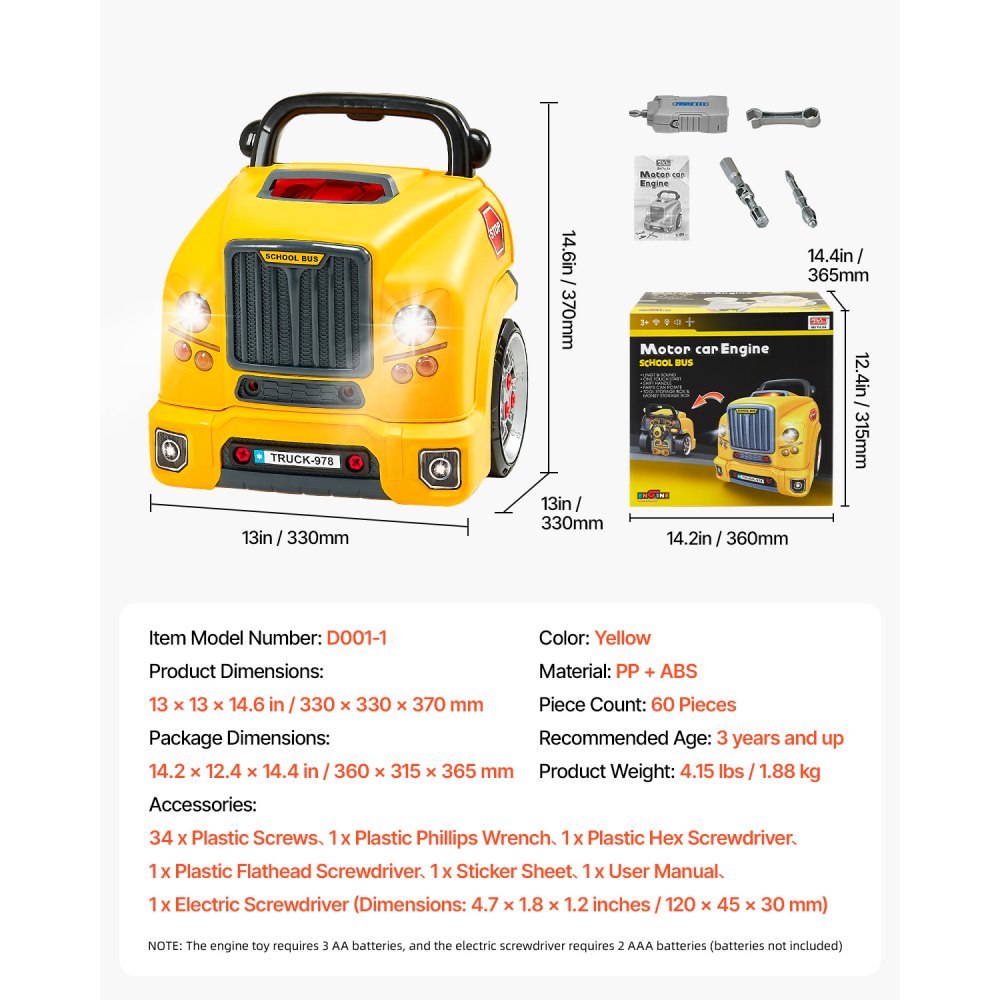 VEVOR Engine Toy, 60 Pieces, Kids Mechanic Car Repair Set with Removable Parts, Lights and Sounds, Steering Wheel and Horn, Kids Mechanic Workshop Set for Toddler Ages 3 Years and Up, Yellow