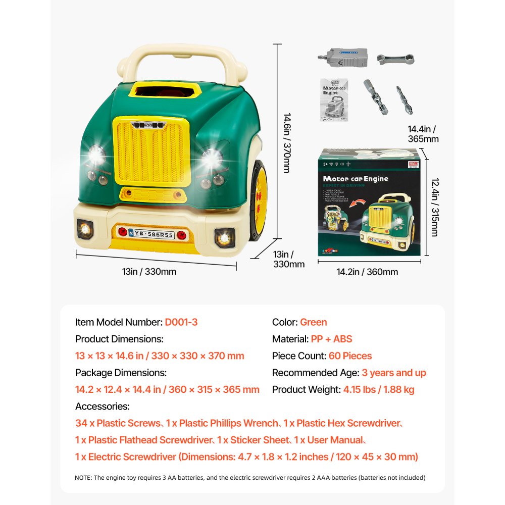 VEVOR Engine Toy, 60 Pieces, Kids Mechanic Car Repair Set with Removable Parts, Lights and Sounds, Steering Wheel and Horn, Kids Mechanic Workshop Set for Toddler Ages 3 Years and Up, Green