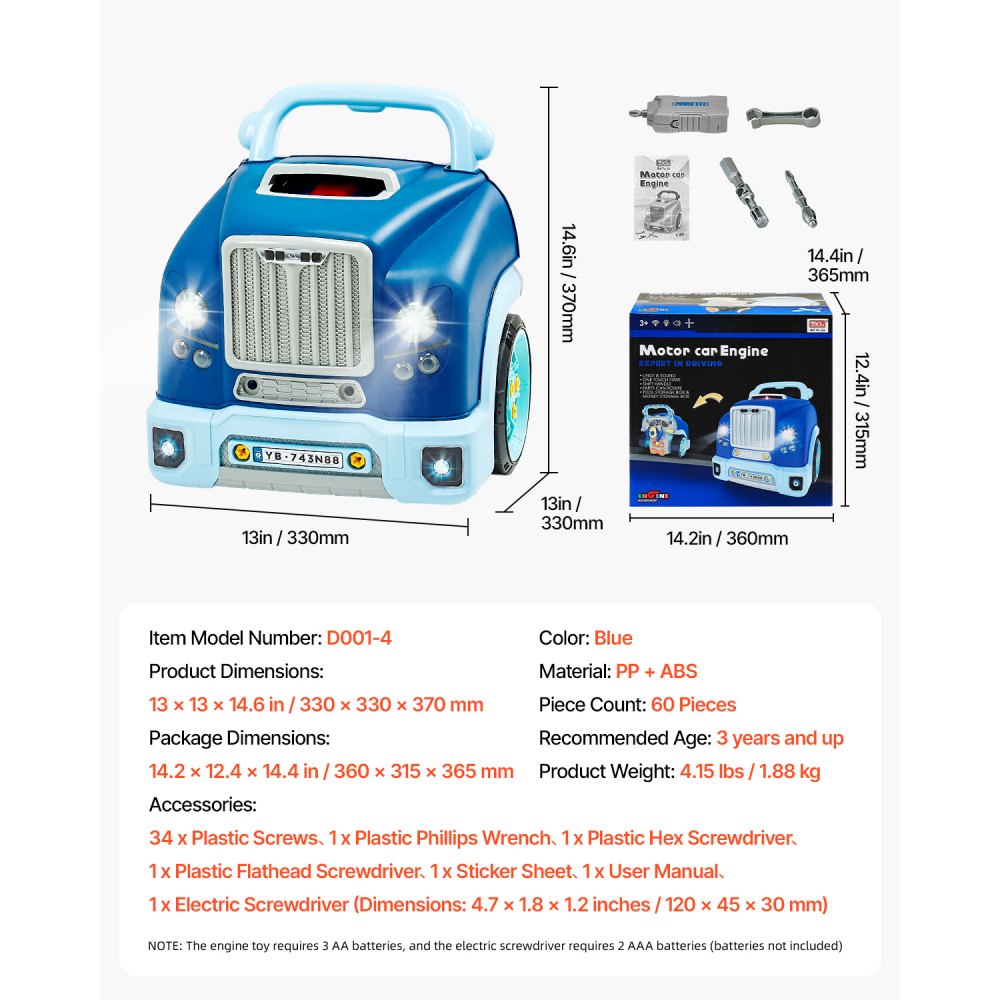 VEVOR Engine Toy, 60 Pieces, Kids Mechanic Car Repair Set with Removable Parts, Lights and Sounds, Steering Wheel and Horn, Kids Mechanic Workshop Set for Toddler Ages 3 Years and Up, Blue