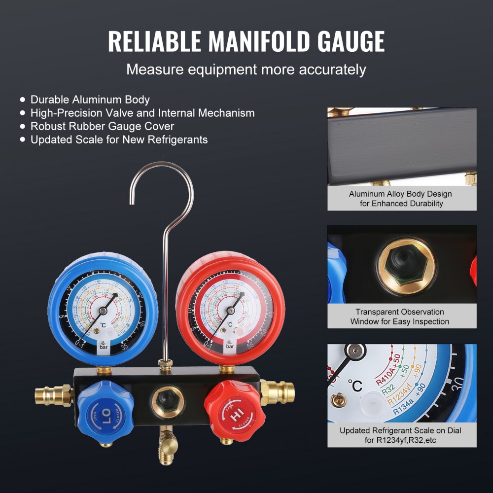 VEVOR 1/4 HP 4 CFM AC Vacuum Pump and Gauge Set, Single Stage Rotary Vane HVAC Air Vacuum Pump A/C Refrigerant Kit Manifold Gauge Set, with Three-Color Hose Carry Bag, Applicable to R134a, R410a