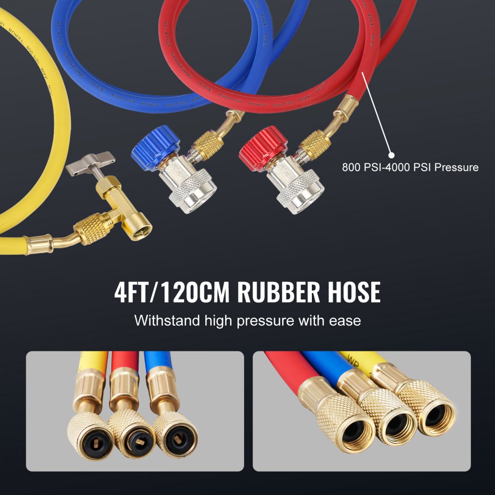 VEVOR 1/4 HP 4 CFM AC Vacuum Pump and Gauge Set, Single Stage Rotary Vane HVAC Air Vacuum Pump A/C Refrigerant Kit Manifold Gauge Set, with Three-Color Hose Carry Bag, Applicable to R134a, R410a