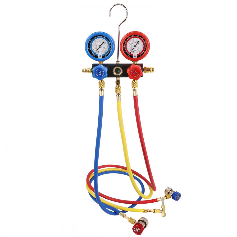 VEVOR 1/4 HP 4 CFM AC Vacuum Pump and Gauge Set, Single Stage Rotary Vane HVAC Air Vacuum Pump A/C Refrigerant Kit Manifold Gauge Set, with Three-Color Hose Carry Bag, Applicable to R134a, R410a