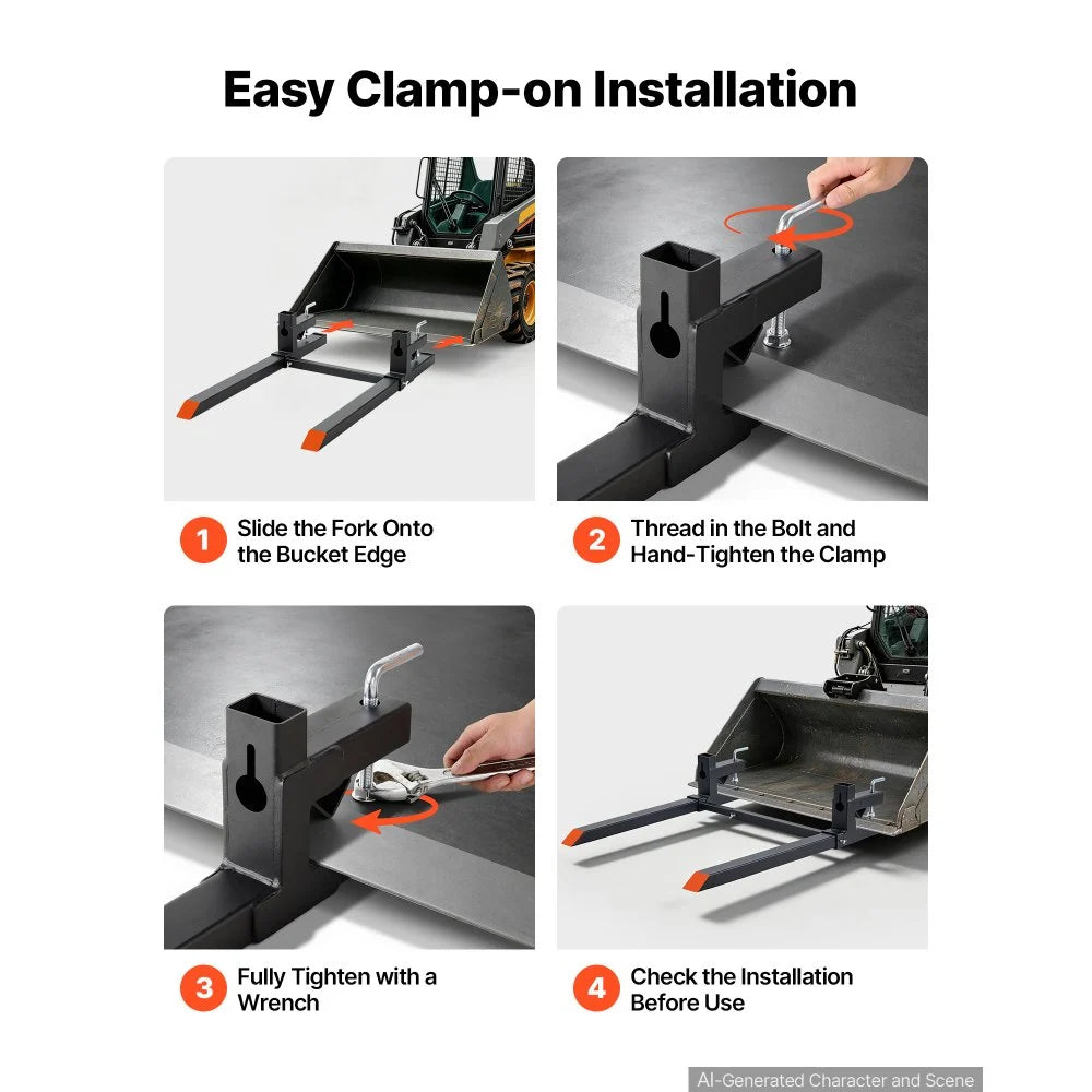 VEVOR Pallet Forks 2000 lbs Clamp-On Pallet Forks, 43 in Length Orange Tips, for Tractor Attachments, Skid Steer & Loader Bucket, Adjustable Stabilizer Bar, Heavy-Duty Reinforced Tractor Bucket Fork
