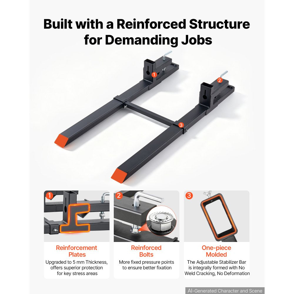 VEVOR Pallet Forks 4000 lbs Clamp-On Pallet Forks, 60 in Length Orange Tips, for Tractor Attachments, Skid Steer & Loader Bucket, Adjustable Stabilizer Bar, Heavy-Duty Reinforced Tractor Bucket Fork