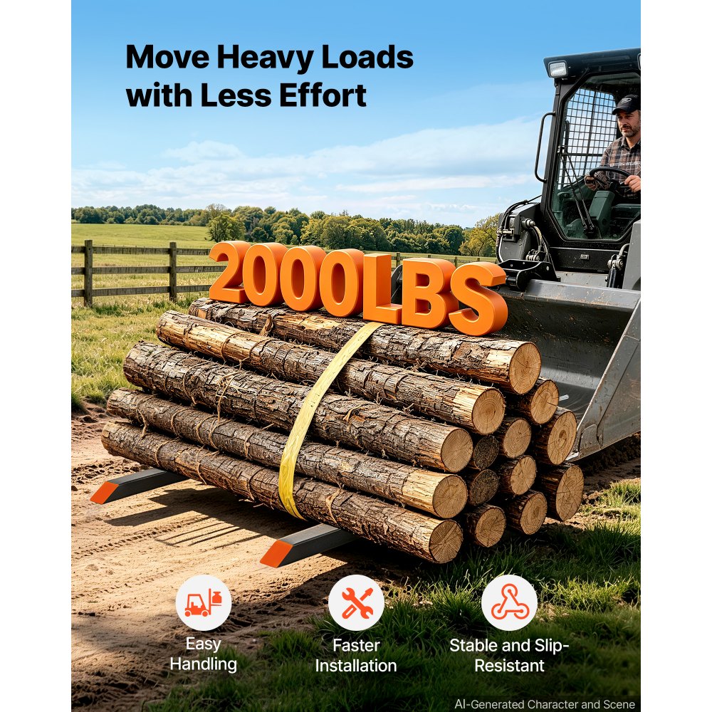 VEVOR Pallet Forks 2000 lbs Clamp-On Pallet Forks, 60 in Length Orange Tips, for Tractor Attachments, Skid Steer & Loader Bucket, Adjustable Stabilizer Bar, Heavy-Duty Reinforced Tractor Bucket Fork