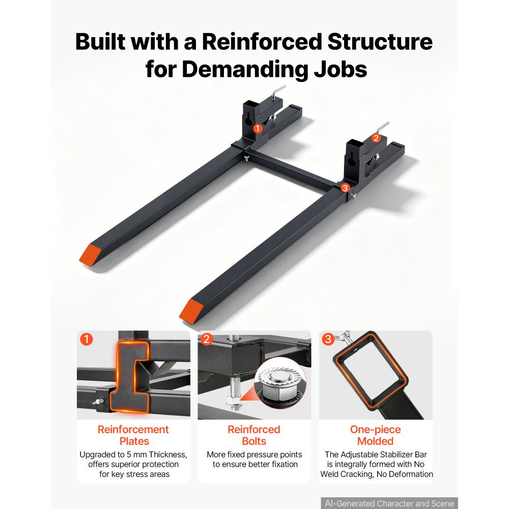 VEVOR Pallet Forks 2000 lbs Clamp-On Pallet Forks, 60 in Length Orange Tips, for Tractor Attachments, Skid Steer & Loader Bucket, Adjustable Stabilizer Bar, Heavy-Duty Reinforced Tractor Bucket Fork