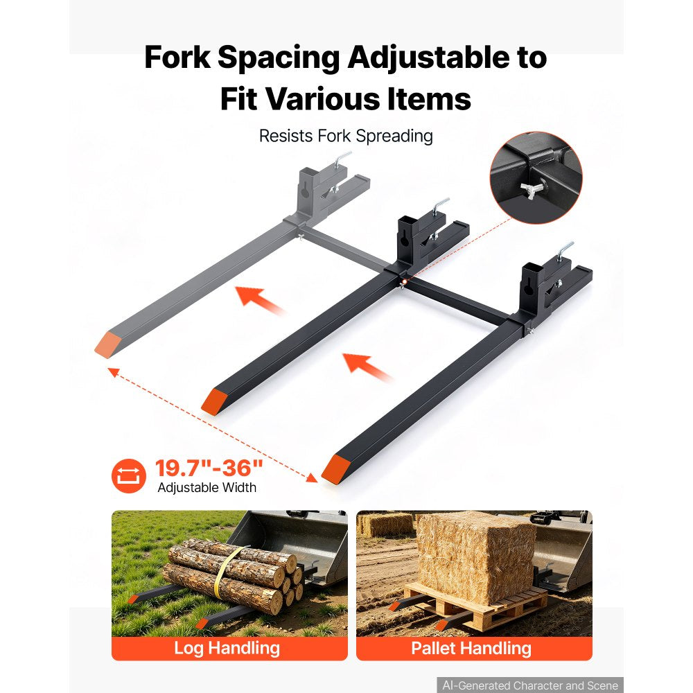 VEVOR Pallet Forks 2000 lbs Clamp-On Pallet Forks, 60 in Length Orange Tips, for Tractor Attachments, Skid Steer & Loader Bucket, Adjustable Stabilizer Bar, Heavy-Duty Reinforced Tractor Bucket Fork
