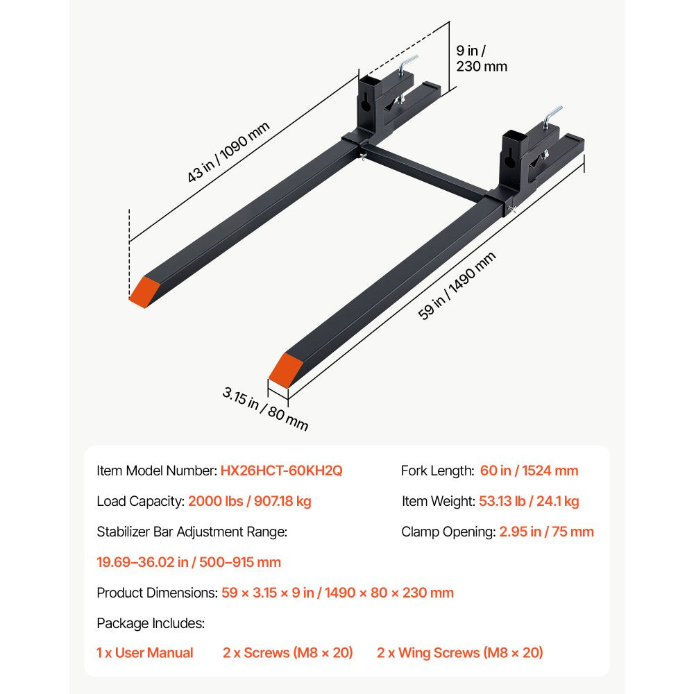 VEVOR Pallet Forks 2000 lbs Clamp-On Pallet Forks, 60 in Length Orange Tips, for Tractor Attachments, Skid Steer & Loader Bucket, Adjustable Stabilizer Bar, Heavy-Duty Reinforced Tractor Bucket Fork