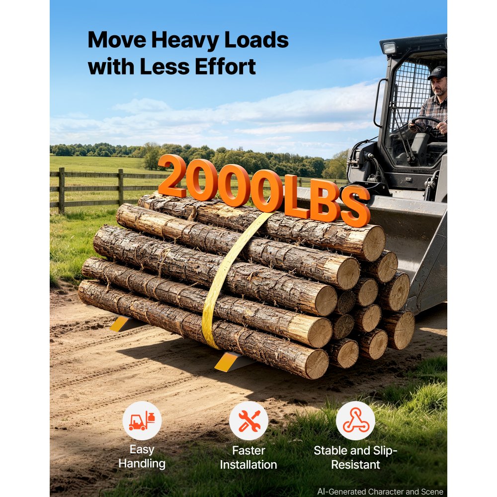 VEVOR Pallet Forks 2000 lbs Clamp-On Pallet Forks, 43 in Length Yellow Tips, for Tractor Attachments, Skid Steer & Loader Bucket, Adjustable Stabilizer Bar, Heavy-Duty Reinforced Tractor Bucket Fork