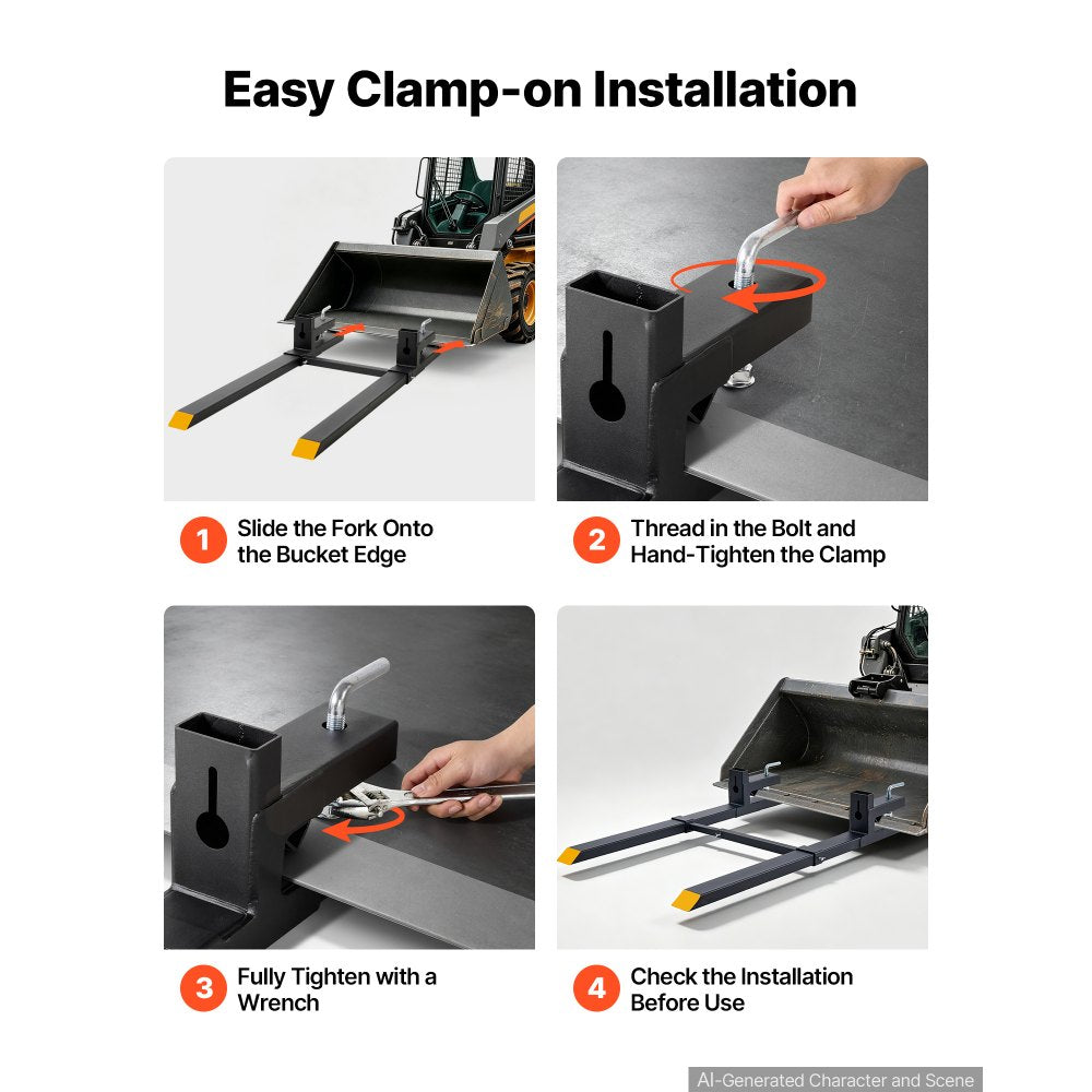 VEVOR Pallet Forks 4000 lbs Clamp-On Pallet Forks, 60 in Length Yellow Tips, for Tractor Attachments, Skid Steer & Loader Bucket, Adjustable Stabilizer Bar, Heavy-Duty Reinforced Tractor Bucket Fork