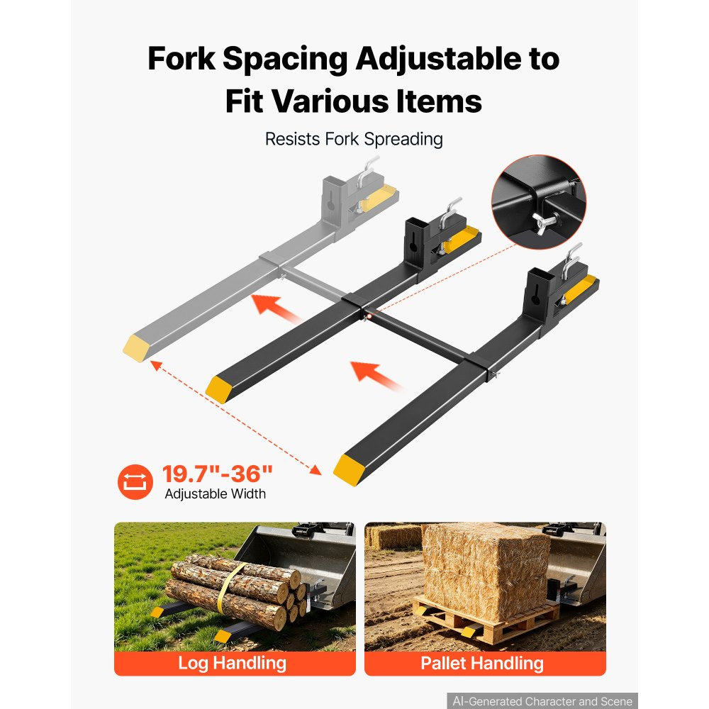VEVOR Pallet Forks 4000 lbs Clamp-On Pallet Forks, 60 in Length Yellow Tips, Suitable for Tractor Attachments, Skid Steer and Loader Bucket, Adjustable Stabilizer Bar, Heavy-Duty Tractor Bucket Fork