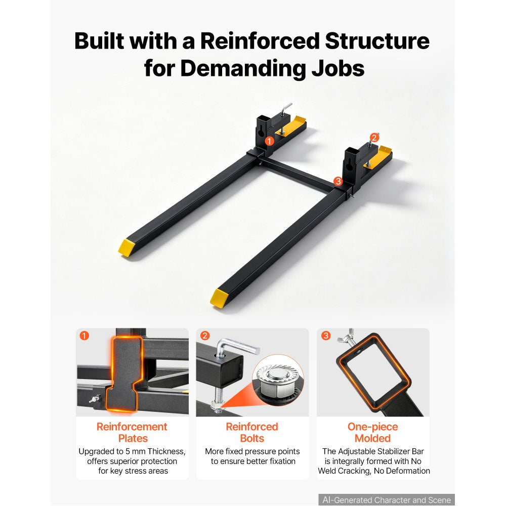 VEVOR Pallet Forks 2000 lbs Clamp-On Pallet Forks, 60 in Length Yellow Tips, Suitable for Tractor Attachments, Skid Steer and Loader Bucket, Adjustable Stabilizer Bar, Heavy-Duty Tractor Bucket Fork