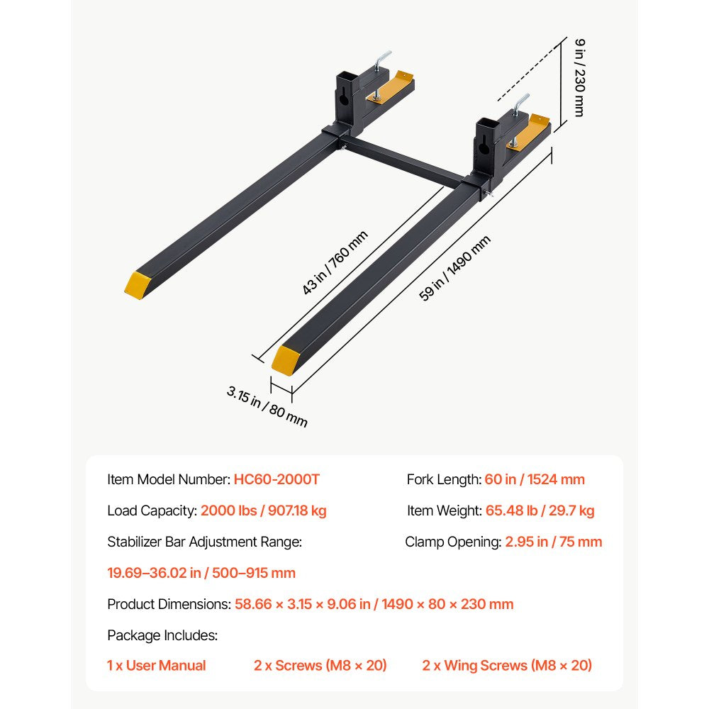 VEVOR Pallet Forks 2000 lbs Clamp-On Pallet Forks, 60 in Length Yellow Tips, Suitable for Tractor Attachments, Skid Steer and Loader Bucket, Adjustable Stabilizer Bar, Heavy-Duty Tractor Bucket Fork