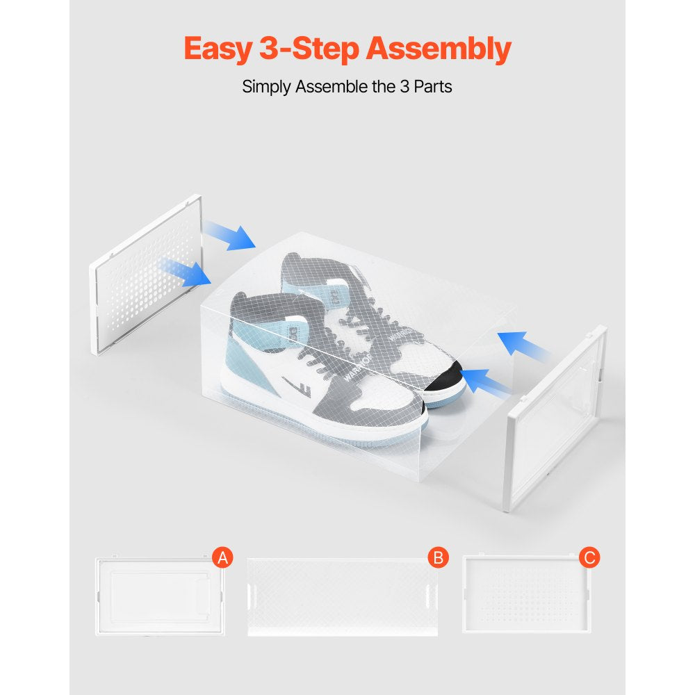 VEVOR Shoe Storage Boxes, 12 Pack Stackable Shoe Boxes Storage Organizers, Fit up to US Size 11, Plastic Modular Space Saving Sneaker Containers for Storing High Heels, Boots, and Hats, White Frame