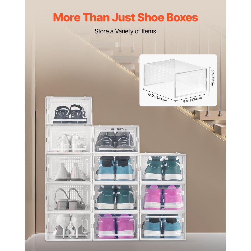 VEVOR Shoe Storage Boxes, 12 Pack Stackable Shoe Boxes Storage Organizers, Fit up to US Size 11, Plastic Modular Space Saving Sneaker Containers for Storing High Heels, Boots, and Hats, White Frame