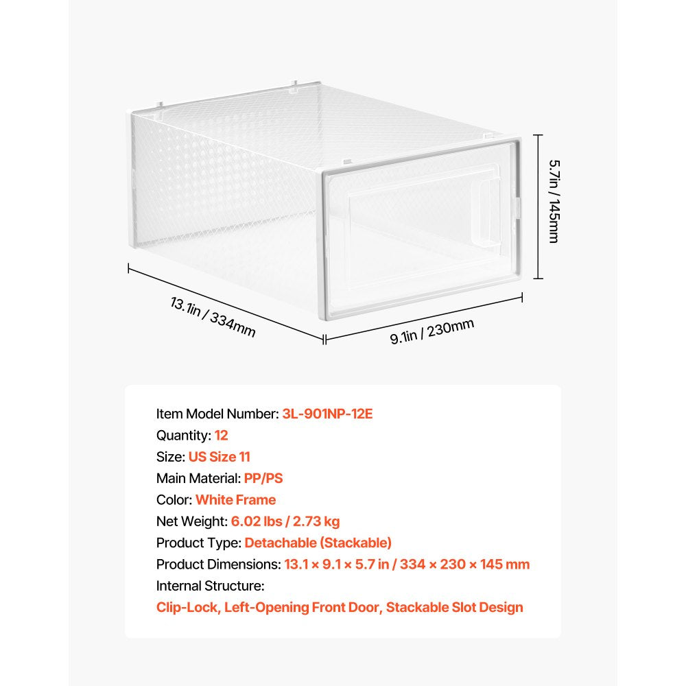 VEVOR Shoe Storage Boxes, 12 Pack Stackable Shoe Boxes Storage Organizers, Fit up to US Size 11, Plastic Modular Space Saving Sneaker Containers for Storing High Heels, Boots, and Hats, White Frame