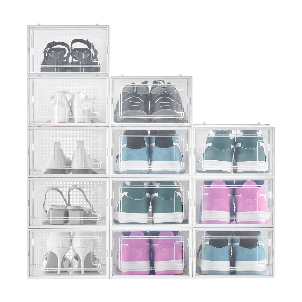 VEVOR Shoe Storage Boxes, 12 Pack Stackable Shoe Boxes Storage Organizers, Fit up to US Size 11, Plastic Modular Space Saving Sneaker Containers for Storing High Heels, Boots, and Hats, White Frame