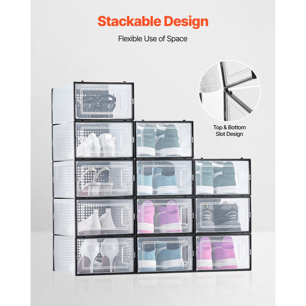 VEVOR Shoe Storage Boxes, 12 Pack Stackable Shoe Boxes Storage Organizers, Fit up to US Size 11, Plastic Modular Space Saving Sneaker Containers for Storing High Heels, Boots, and Hats, Black Frame