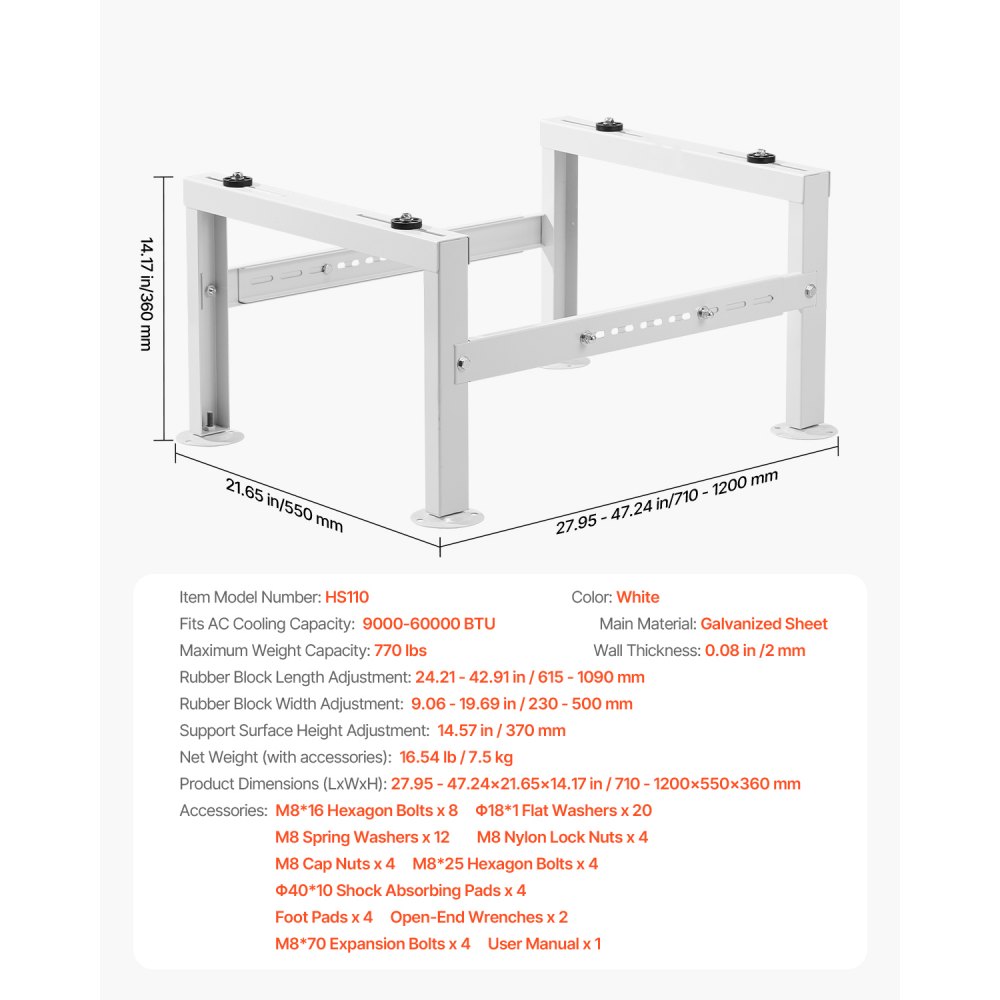 VEVOR Mini Split Ground Stand, Adjustable Anti-Vibration Mini Split Stand for 9000-60000 BTU Ductless Air Conditioner Heat Pump, Heavy Duty AC Base Bracket Floor Mount w/ 770LBS Max. Load Capacity