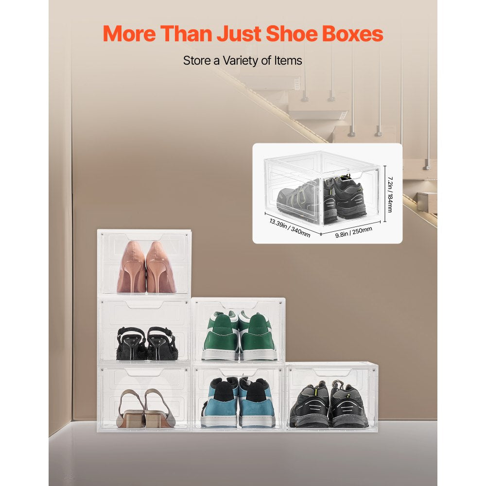VEVOR Shoe Storage Boxes, 6 Pack Clear Stackable Shoe Boxes Storage Organizers with Magnetic Door, Fit up to US Size 13, Plastic Sneaker Containers for High Heels, Boots, and Hats, Transparent White