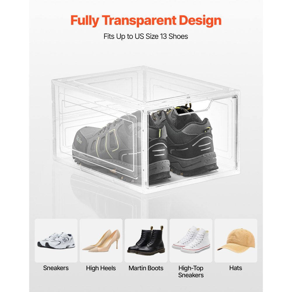 VEVOR Shoe Storage Boxes, 6 Pack Clear Stackable Shoe Boxes Storage Organizers with Magnetic Door, Fit up to US Size 13, Plastic Sneaker Containers for High Heels, Boots, and Hats, Transparent White