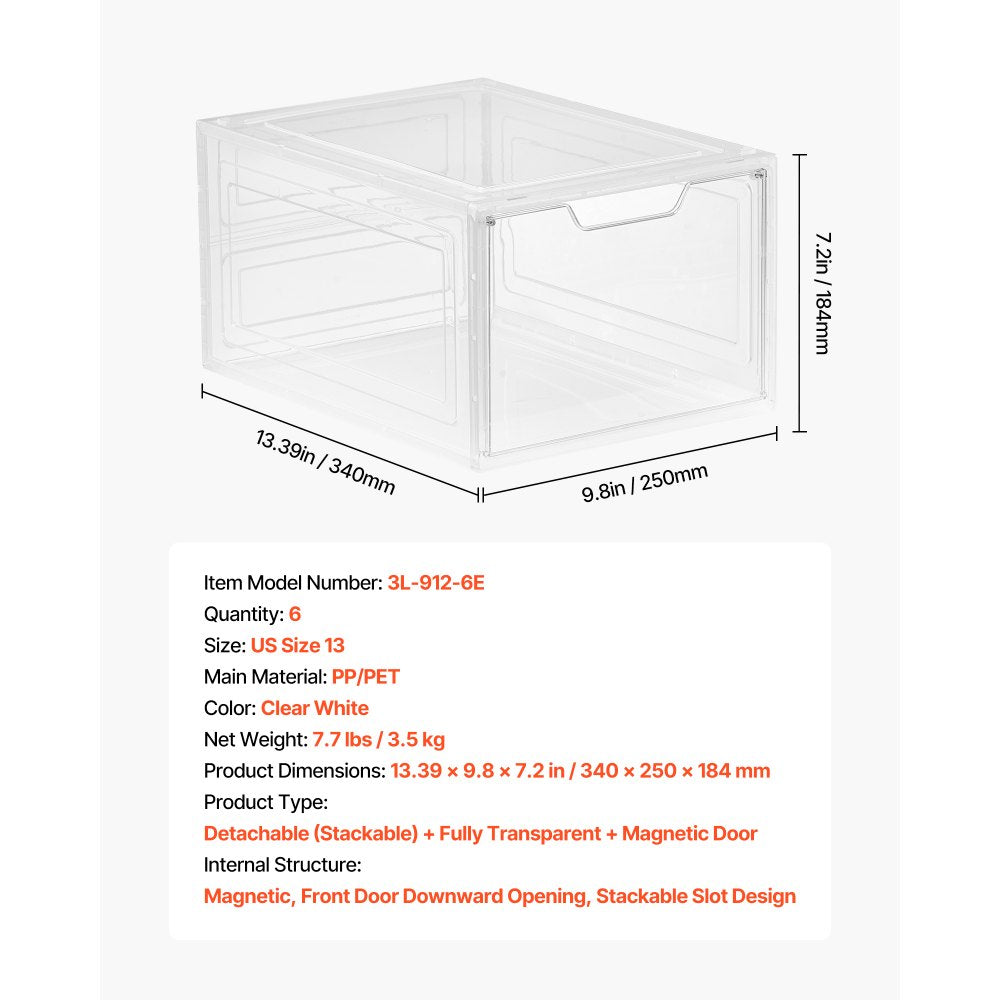 VEVOR Shoe Storage Boxes, 6 Pack Clear Stackable Shoe Boxes Storage Organizers with Magnetic Door, Fit up to US Size 13, Plastic Sneaker Containers for High Heels, Boots, and Hats, Transparent White