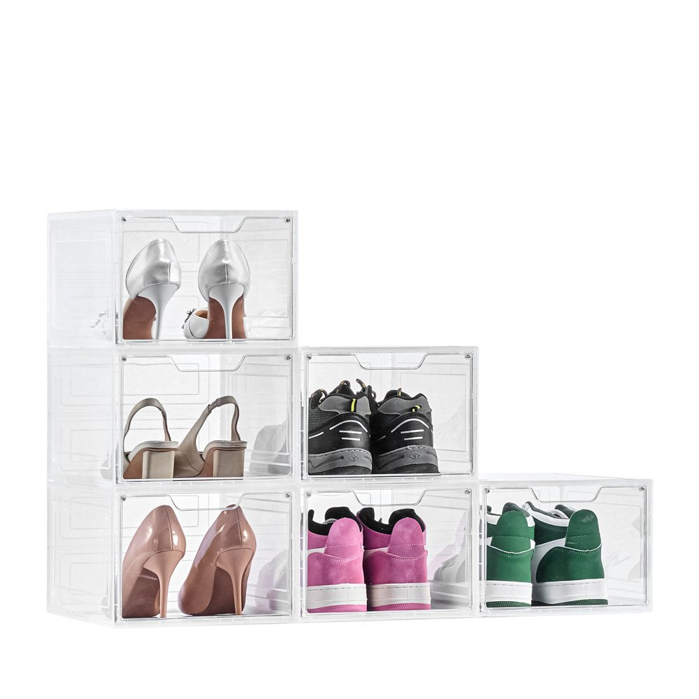 VEVOR Shoe Storage Boxes, 6 Pack Clear Stackable Shoe Boxes Storage Organizers with Magnetic Door, Fit up to US Size 13, Plastic Sneaker Containers for High Heels, Boots, and Hats, Transparent White