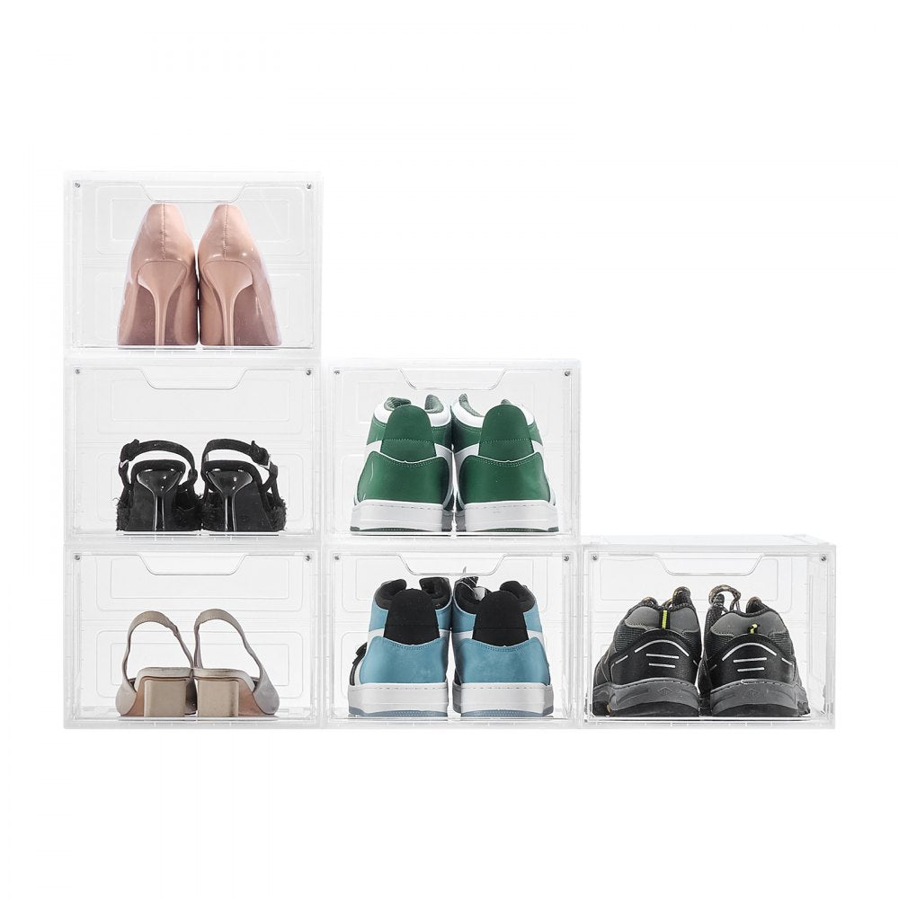 VEVOR Shoe Storage Boxes, 6 Pack Clear Stackable Shoe Boxes Storage Organizers with Magnetic Door, Fit up to US Size 13, Plastic Sneaker Containers for High Heels, Boots, and Hats, Transparent White