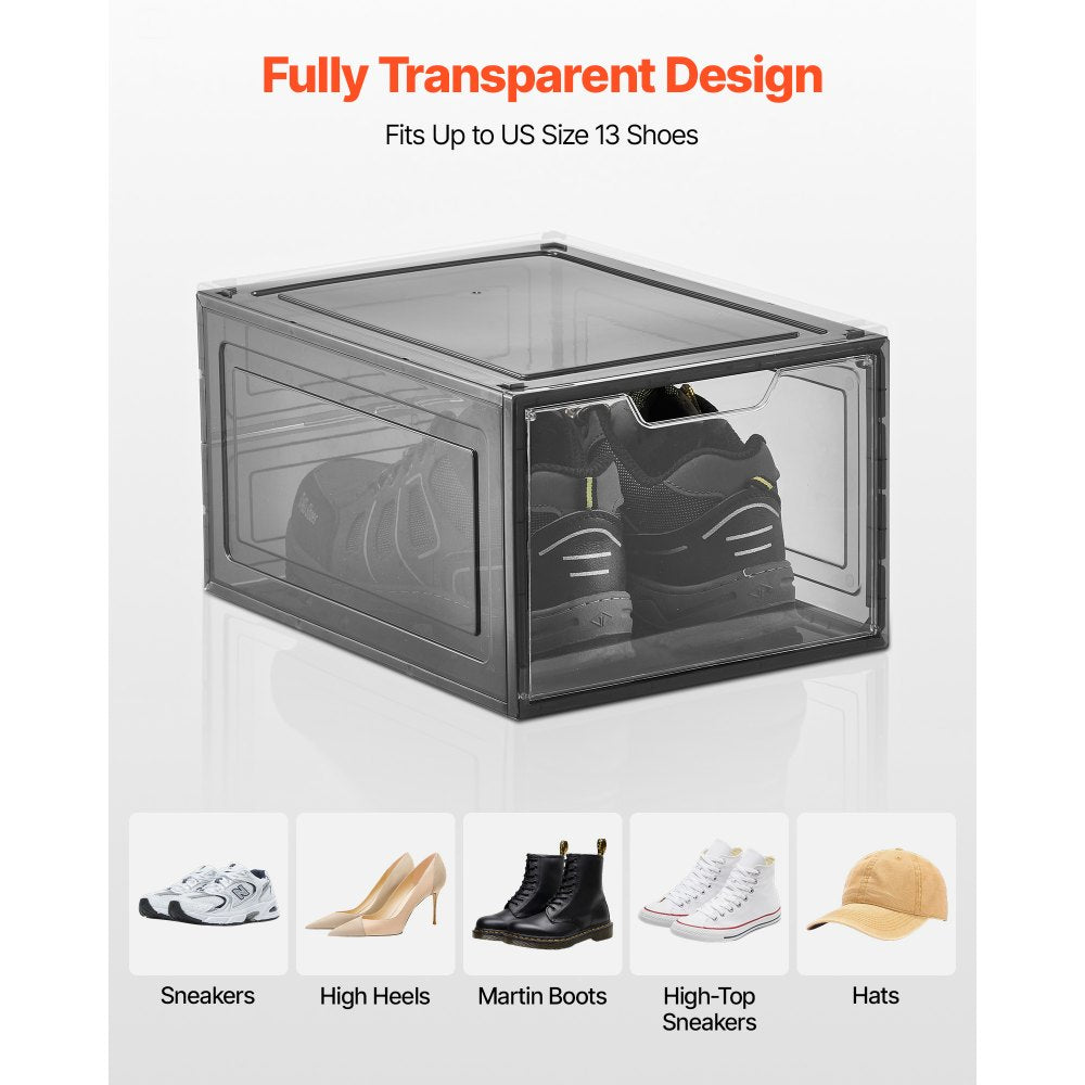 VEVOR Shoe Storage Boxes, 9 Pack Clear Stackable Shoe Boxes Storage Organizers with Magnetic Door, Fit up to US Size 13, Plastic Sneaker Containers for High Heels, Boots, and Hats, Transparent Black