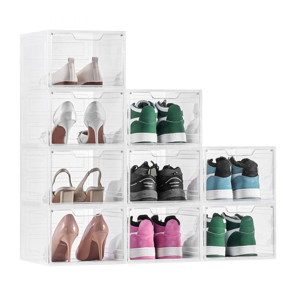 VEVOR Shoe Storage Boxes, 9 Pack Clear Stackable Shoe Boxes Storage Organizers with Magnetic Door, Fit up to US Size 13, Plastic Sneaker Containers for High Heels, Boots, and Hats, Transparent White
