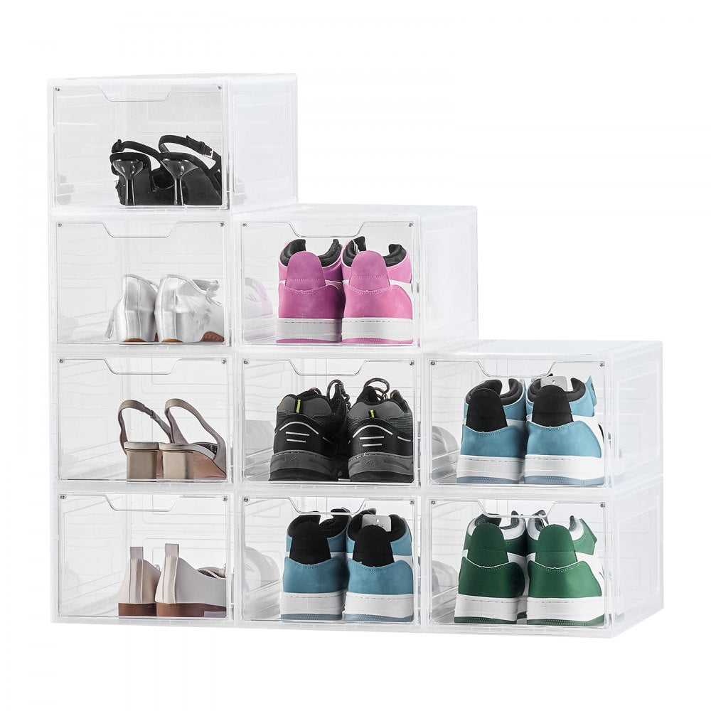 VEVOR Shoe Storage Boxes, 9 Pack Clear Stackable Shoe Boxes Storage Organizers with Magnetic Door, Fit up to US Size 13, Plastic Sneaker Containers for High Heels, Boots, and Hats, Transparent White