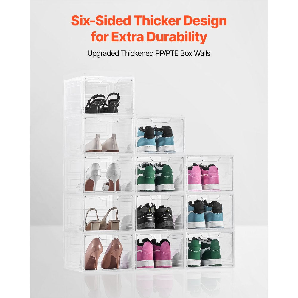 VEVOR Shoe Storage Boxes, 12 Pack Clear Stackable Shoe Boxes Storage Organizers with Magnetic Door, Fit up to US Size 13, Plastic Sneaker Containers for High Heels, Boots, and Hats, Transparent White
