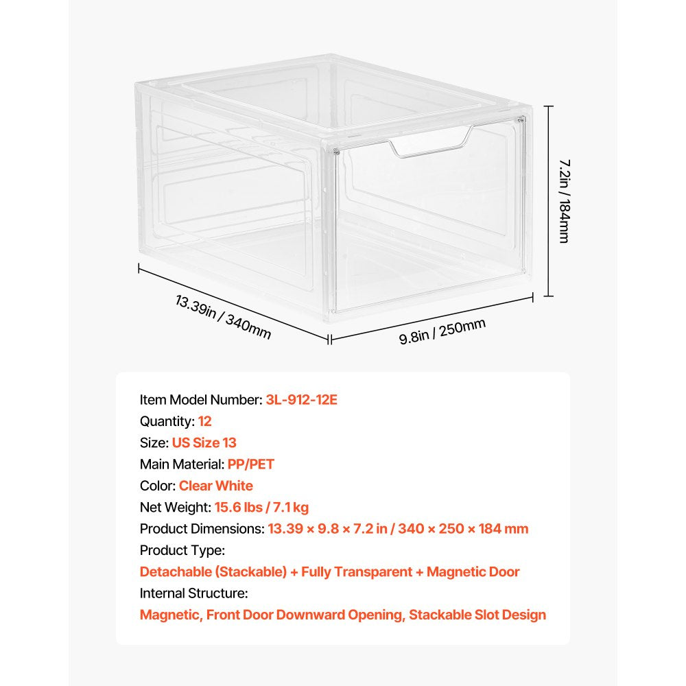 VEVOR Shoe Storage Boxes, 12 Pack Clear Stackable Shoe Boxes Storage Organizers with Magnetic Door, Fit up to US Size 13, Plastic Sneaker Containers for High Heels, Boots, and Hats, Transparent White