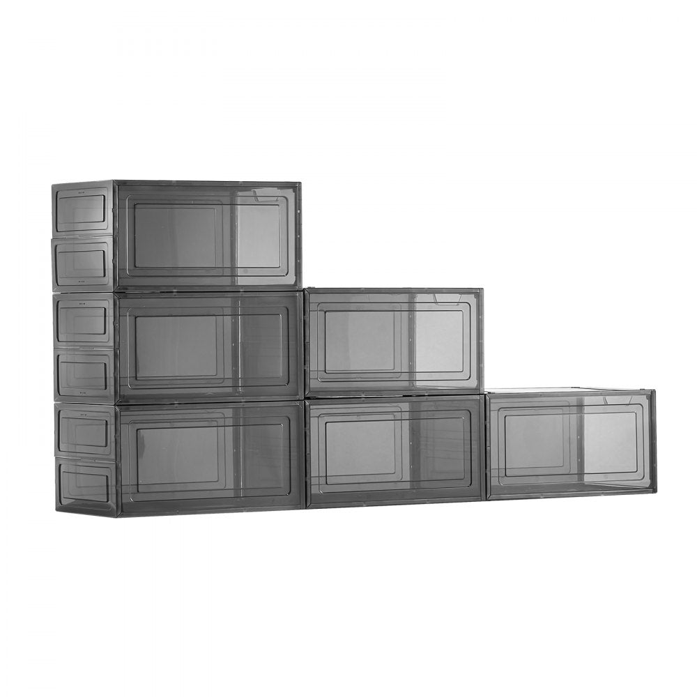 VEVOR Shoe Storage Boxes, 6 Pack Clear Stackable Shoe Boxes Storage Organizers with Magnetic Door, Fit up to US Size 13, Plastic Sneaker Containers for High Heels, Boots, and Hats, Transparent Black